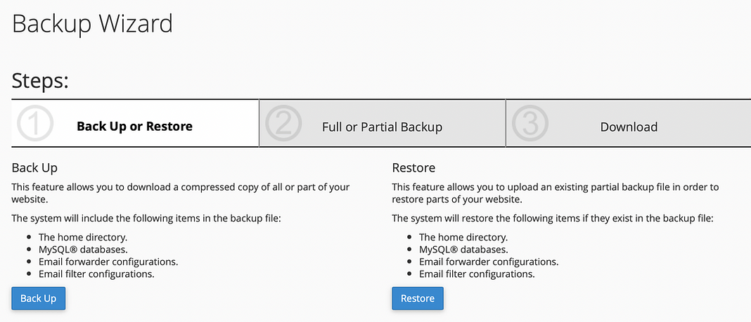 backup cpanel wizard