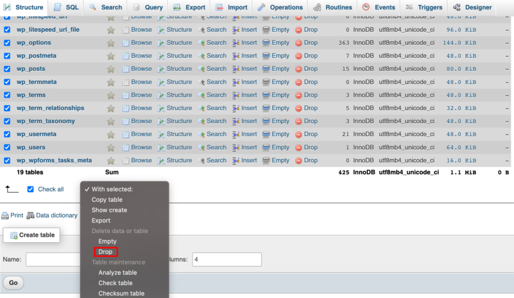 phpMyAdmin All selected